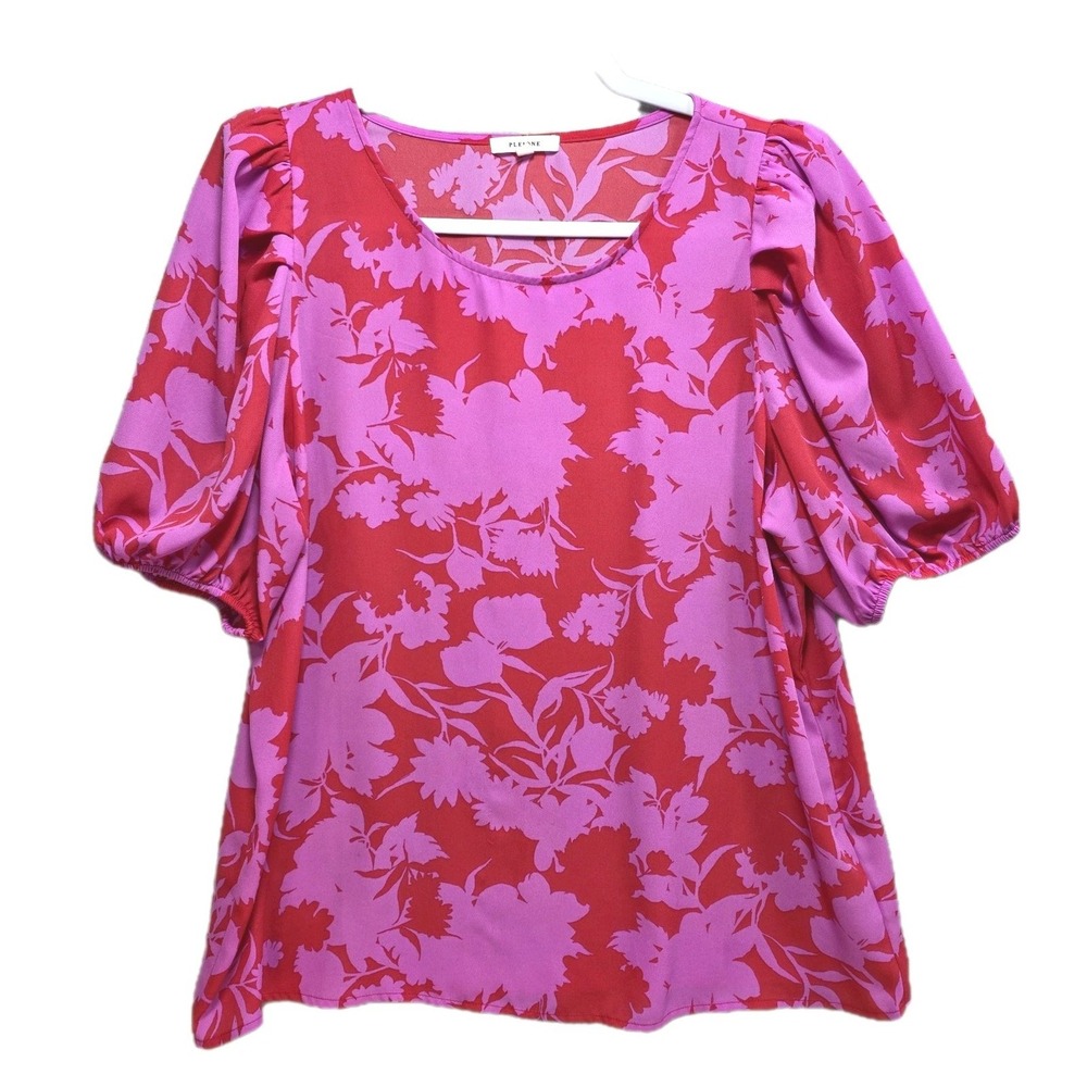 Pleione Floral Top Blouse Womens L Tropical Red Office Work Colorful Red Pink